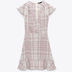 Zara Textured Weave Tweed Dress With Ruffles